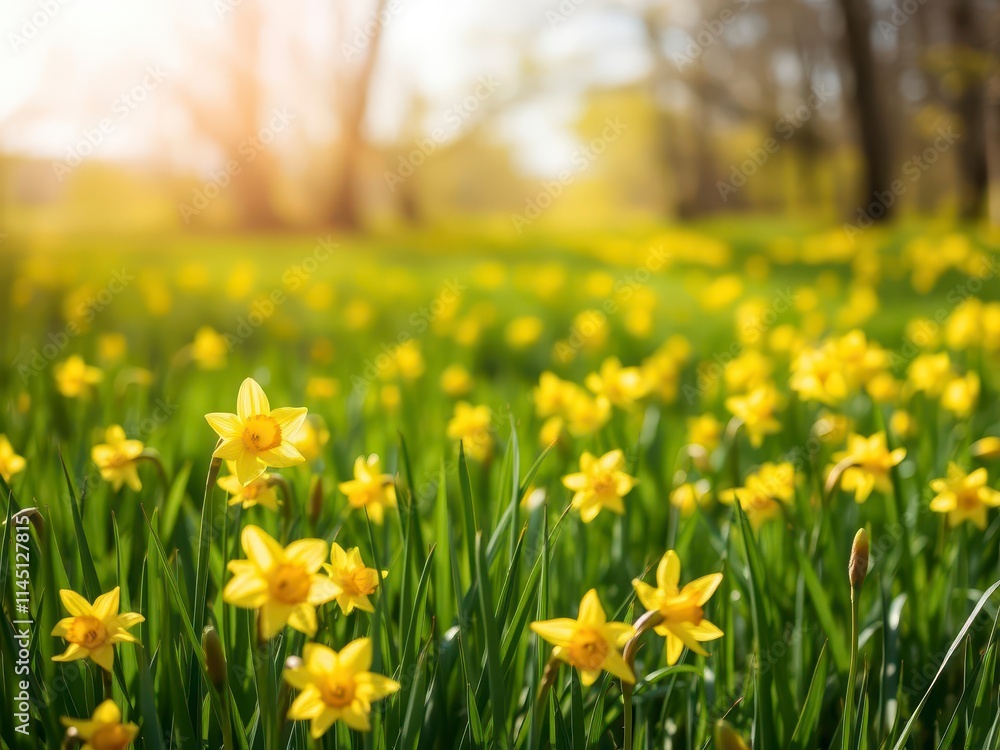 Vibrant yellow daffodil flowers blooming in a lush green field under the bright sunlight, beauty, springtime Vibrant yellow daffodil flowers blooming in a lush green field under the bright sunlight, beauty, springtime