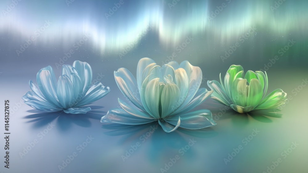 Fototapeta premium Dreamy 3D render of glowing flowers under a surreal aurora