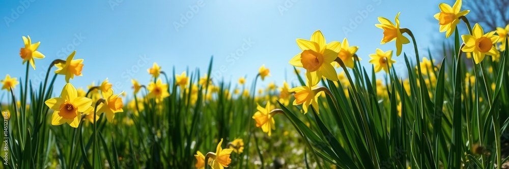 Obraz premium Vibrant yellow daffodil flowers blooming in a vast field under the clear blue sky, landscape, flowers
