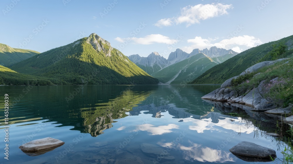 Tranquil lake reflecting lush trees under a clear sky