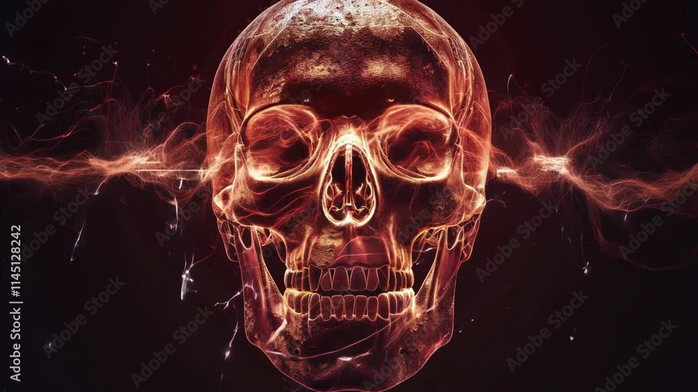 A captivating display showcases a skull illuminated with vibrant flames, highlighting the intricate features and textures.