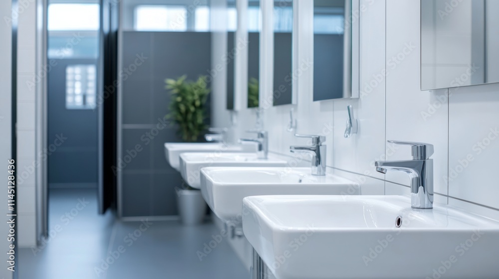 Modern Bathroom Interior Design with White Sinks and Mirrors in an Empty Space Modern Bathroom Interior Design with White Sinks and Mirrors in an Empty Space