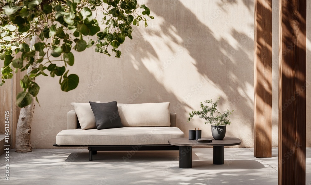 A serene outdoor lounge area with a minimalist sofa and table. A serene outdoor lounge area with a minimalist sofa and table.