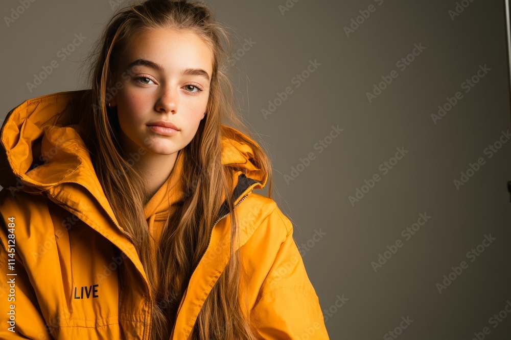 Serious teenage girl in a mustard yellow jacket sitting in a minimal studio with neutral tones creating a bold yet simple composition Serious teenage girl in a mustard yellow jacket sitting in a minimal studio with neutral tones creating a bold yet simple composition