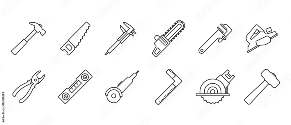 Woodworking equipment icon. Tool icon set. Work tools. Set of work tools. Collection of repair and construction tools in line style vector illustration on transparent background. Editable stroke. Woodworking equipment icon. Tool icon set. Work tools. Set of work tools. Collection of repair and construction tools in line style vector illustration on transparent background. Editable stroke.
