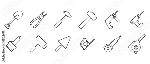 Tool icon set. Working tools. Tool kit icons. Working tools set. Repair and construction tools collection in line style vector illustration in transparent background. Editable stroke. Eps10