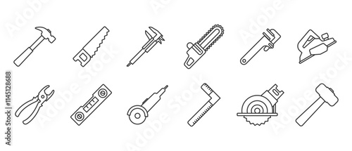 Woodworking equipment icon. Tool icon set. Work tools. Set of work tools. Collection of repair and construction tools in line style vector illustration on transparent background. Editable stroke.