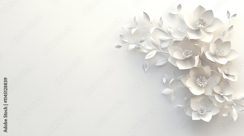 White paper flowers with leaves on white background. White paper flowers with leaves on white background.