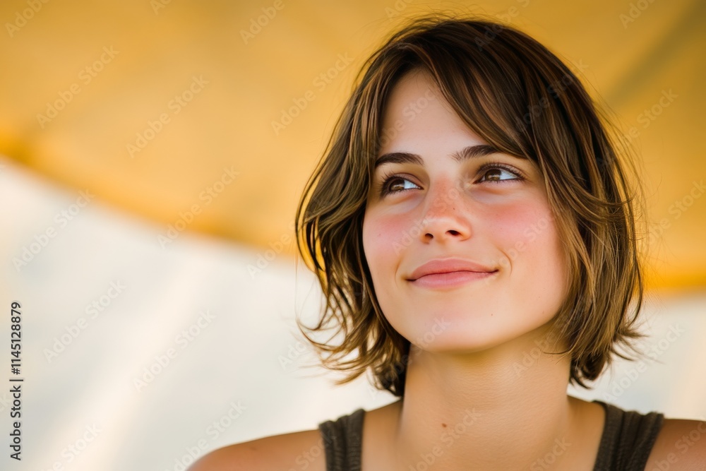 Smiling young woman with short hair in a natural outdoor setting golden light casting a warm and optimistic glow on her face Smiling young woman with short hair in a natural outdoor setting golden light casting a warm and optimistic glow on her face