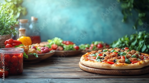 Overhead view of assorted takeout items like fried chicken pizza burgers and colorful salads arranged on a rustic wooden table