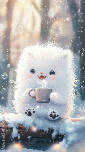 A fantastically fluffy creature enveloped in a tranquil, snowy forest scene enjoys a warm drink amid a dreamy snow-covered landscape. Delicate bubbles float around, enhancing the serene, fairytale-li