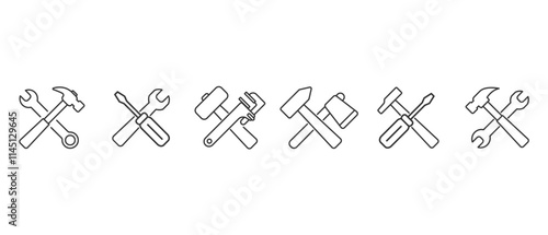Tools icons set. Carpentry and workshop equipment icons. Work tools. A set of work tools. Collection of repair and construction tools in line style vector illustration on transparent background.