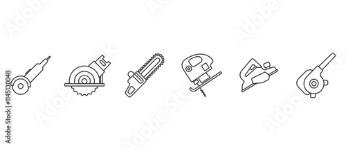 Modern carpentry equipment icon. Work tools. A set of work tools. Collection of repair and construction tools in line style vector illustration on transparent background. Editable stroke.