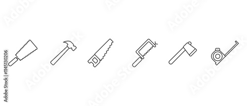 Simple carpentry equipment icon. Work tools. A set of work tools. Collection of repair and construction tools in line style vector illustration on transparent background. Editable stroke.