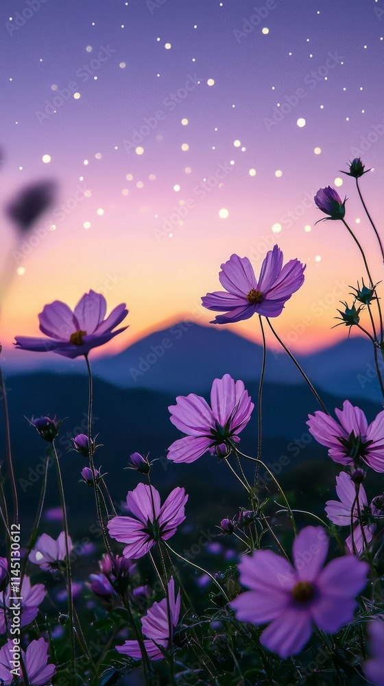 Obraz premium A stunning composition of pink cosmos flowers set against a vibrant sunset, creating a breathtaking view that evokes feelings of tranquility and connection with nature.