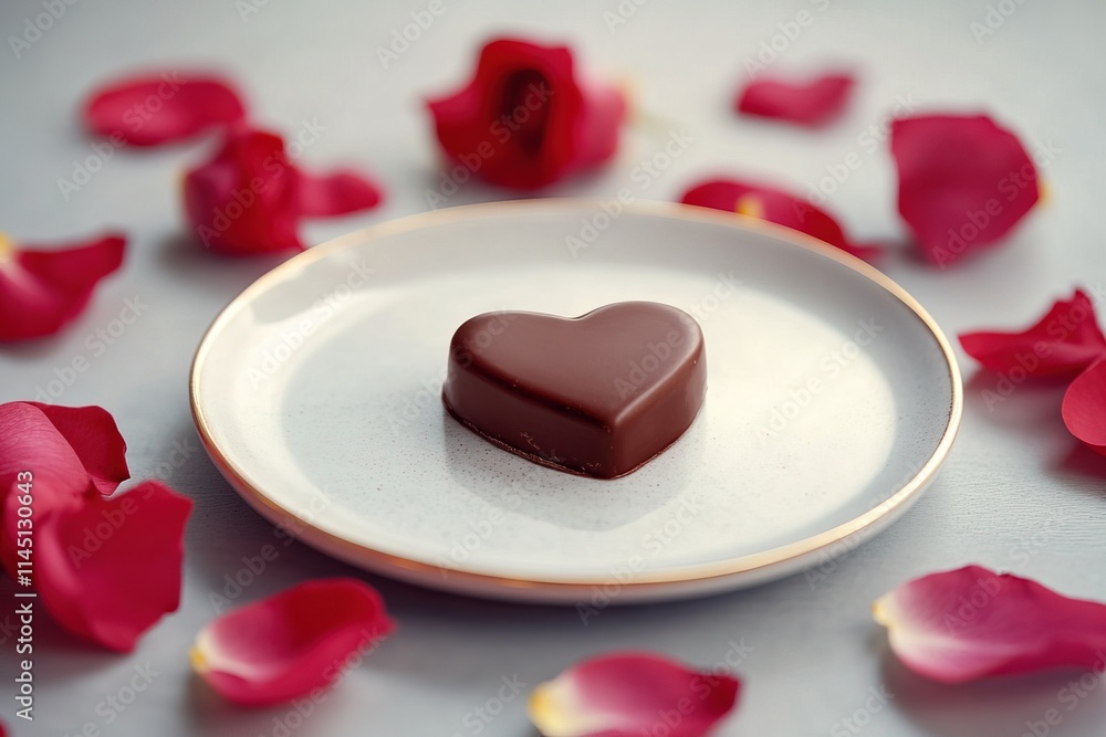 close-up heart-shaped chocolate on a white ceramic plate surrounded by red rose petals, romantic atmosphere close-up heart-shaped chocolate on a white ceramic plate surrounded by red rose petals, romantic atmosphere