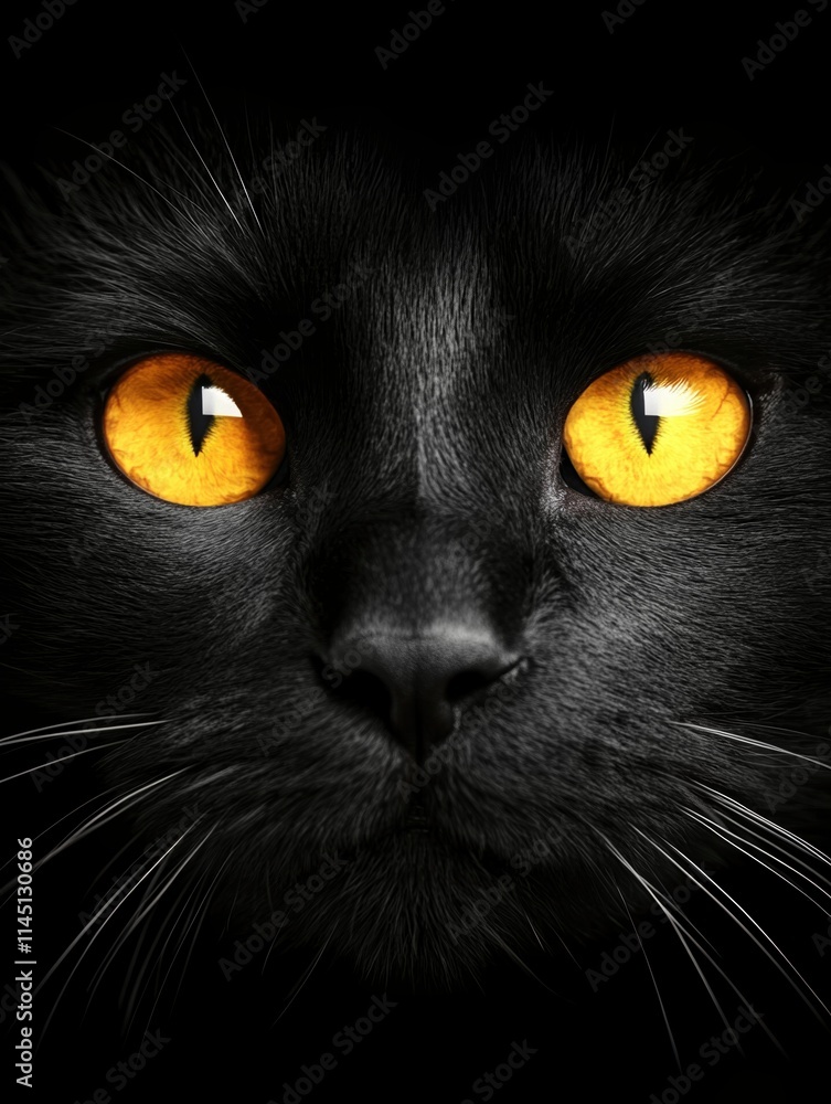 Hyper-realistic portrayal of a black cat with striking yellow eyes on a contrasting black backdrop