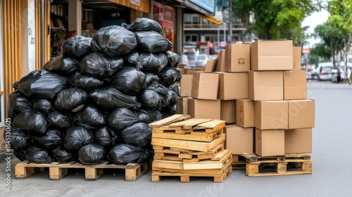 A neglected pile of garbage, trash bags, and cardboard boxes accumulates on a side street in Thailand, highlighting waste disposal issues photo