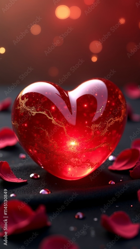 Glowing red heart surrounded by rose petals Glowing red heart surrounded by rose petals