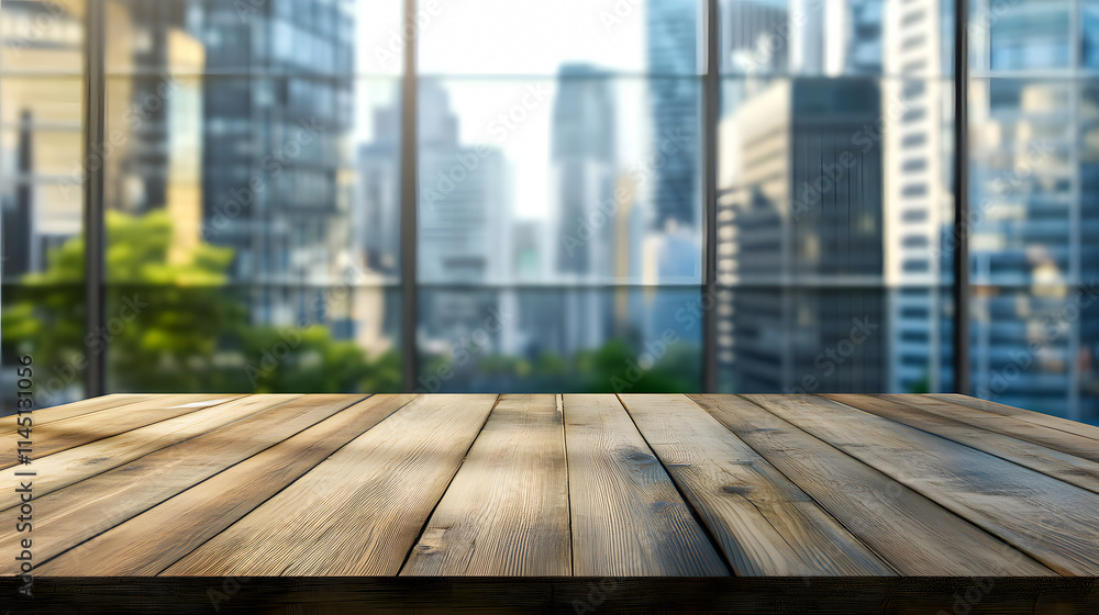 A wooden tabletop against a blurred glass window wall backdrop. A wooden tabletop against a blurred glass window wall backdrop.