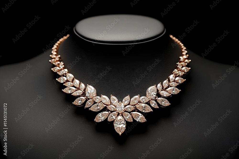 Rare luxury diamond necklace showcased on a black velvet stand in an intimate setting Rare luxury diamond necklace showcased on a black velvet stand in an intimate setting