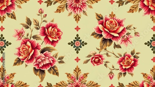 Elegant seamless damask wallpaper with intricate floral motifs in a classic color palette, decorative, elegant