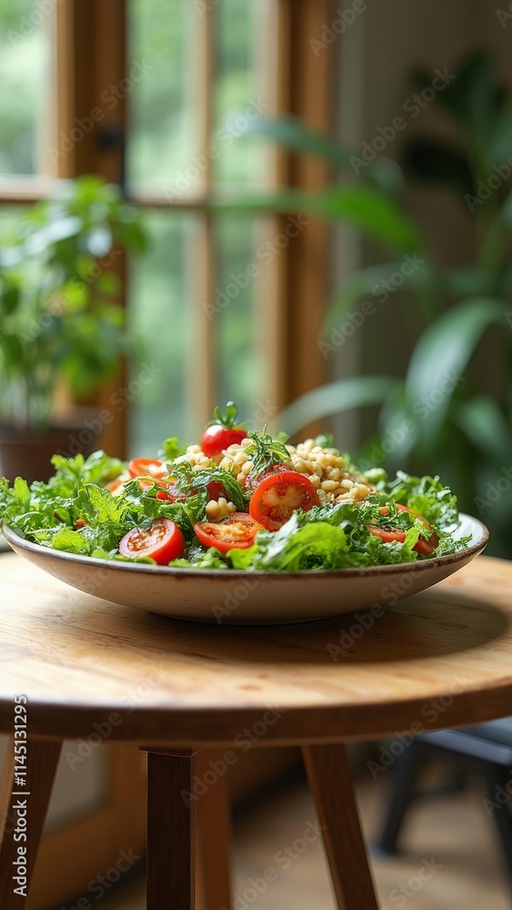 Bowl of fresh salad with cherry tomatoes on a wooden table Bowl of fresh salad with cherry tomatoes on a wooden table