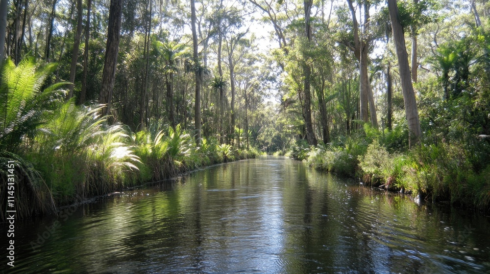 Tranquil River Flows Through Lush Green Forest Canopy Tranquil River Flows Through Lush Green Forest Canopy
