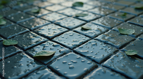 Black wet tiles with leaves and water droplets.