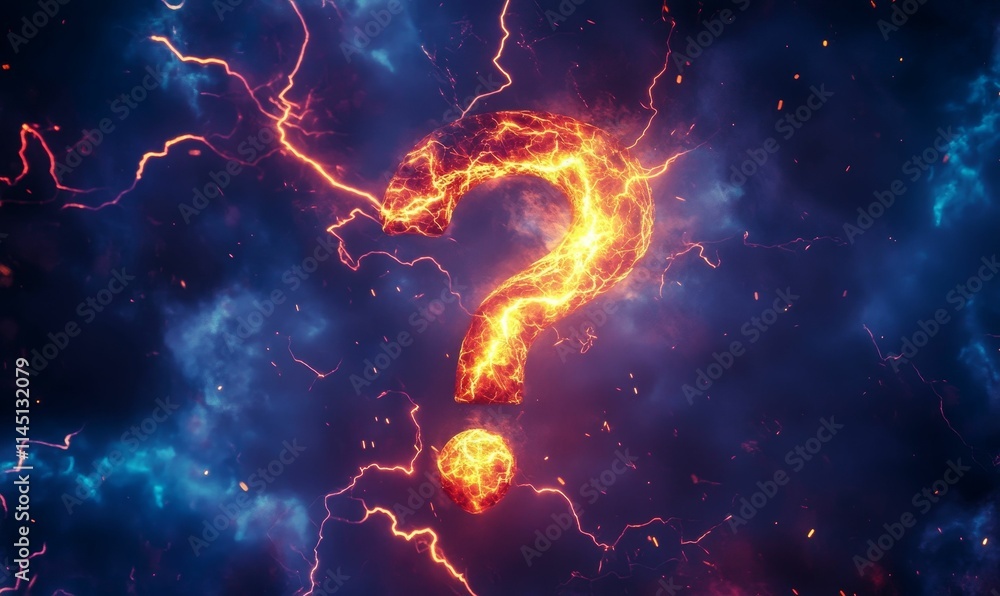 Fiery question mark, electric backdrop, enigmatic energy. Fiery question mark, electric backdrop, enigmatic energy.