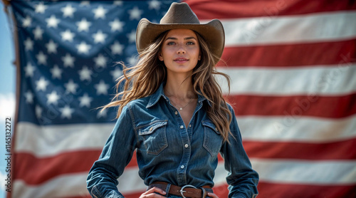 Woman dressed in Texan style with the flag of the United States of America in the background photo