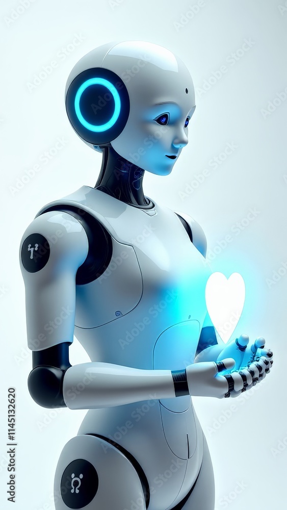 Humanoid robot with glowing blue heart Humanoid robot with glowing blue heart