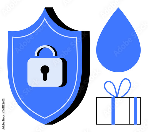 Blue shield with lock inside representing security, blue droplet shape symbolizing purity, and wrapped gift box. Ideal for cybersecurity, protection, hydration, care, gifts privacy safety. Line