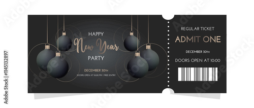 New Year ticket card for party design template on black background with Christmas balls. Vector Illustration