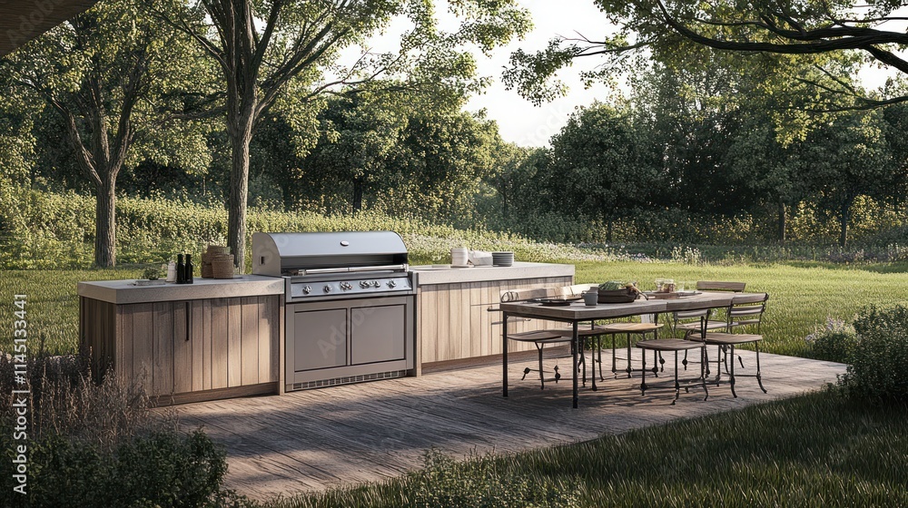 Outdoor kitchen with grill, cabinets, and dining area set on a patio in a lush green garden. Outdoor kitchen with grill, cabinets, and dining area set on a patio in a lush green garden.