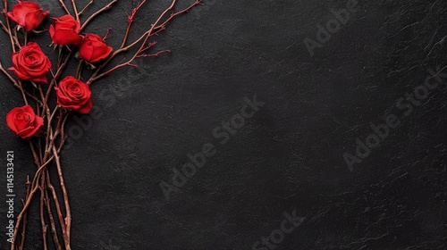 Fototapeta Naklejka Na Ścianę i Meble -  Red roses and branches on dark background.