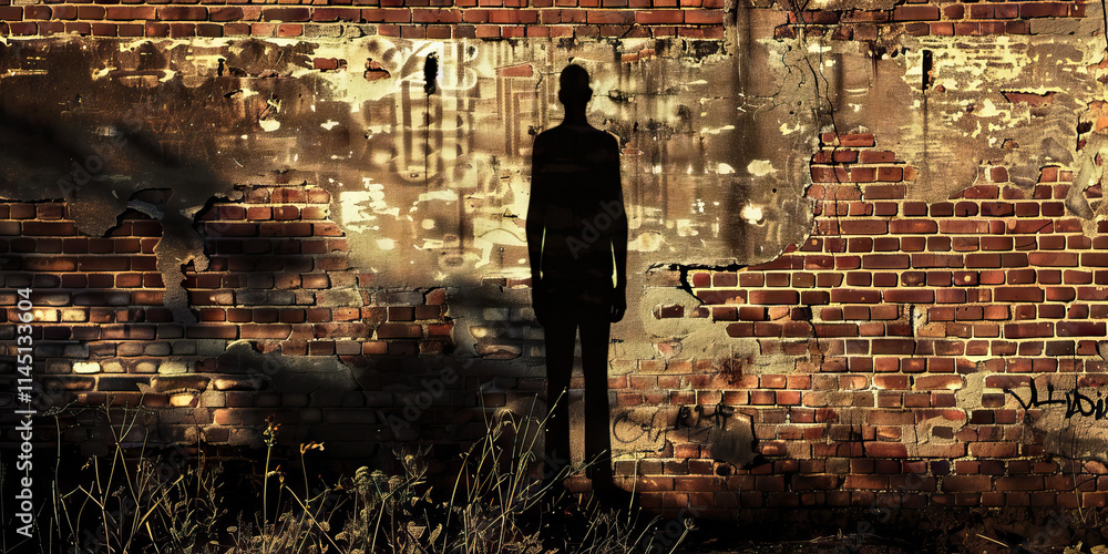 Silhouette of Person Against Damaged Brick Wall Silhouette of Person Against Damaged Brick Wall