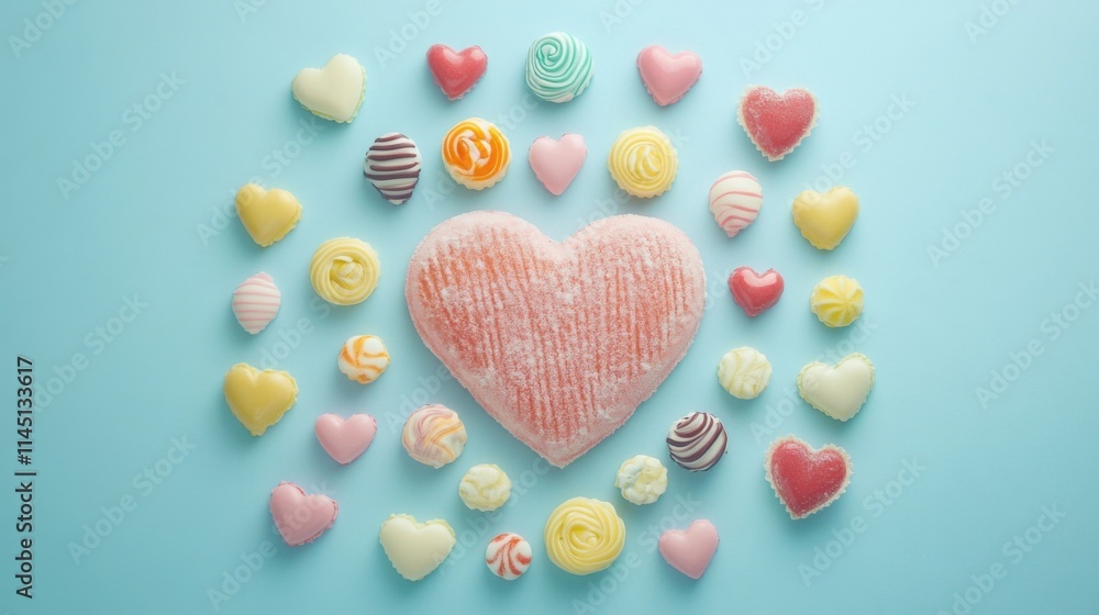a heart shaped candy surrounded by many different colored candys a heart shaped candy surrounded by many different colored candys