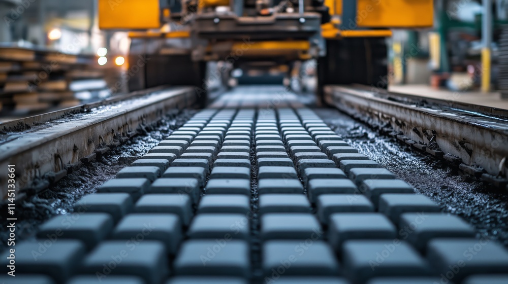 Concrete block manufacturing process showing paving stones leaving assembly line Concrete block manufacturing process showing paving stones leaving assembly line