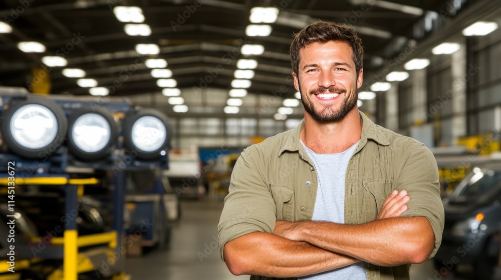 Portrait of a muscular factory worker in a high-tech industrial setting showcasing strength expertise and modern manufacturing dynamics Portrait of a muscular factory worker in a high-tech industrial setting showcasing strength expertise and modern manufacturing dynamics