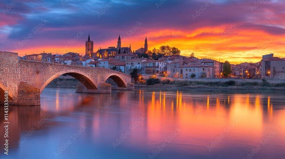 Vibrant sunset over a medieval town with a stone bridge reflecting on calm river water. Vibrant sunset over a medieval town with a stone bridge reflecting on calm river water.