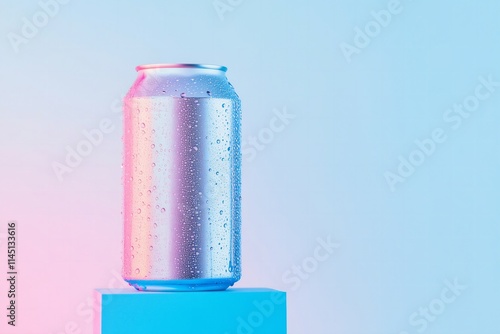 aluminum eco can with water on a cube podium, blue gradient background photo