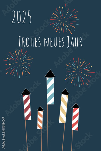 Frohes neues Jahr - Schriftzug in deutscher Sprache. Neujahrskarte mit bunten Raketen und Feuerwerk.