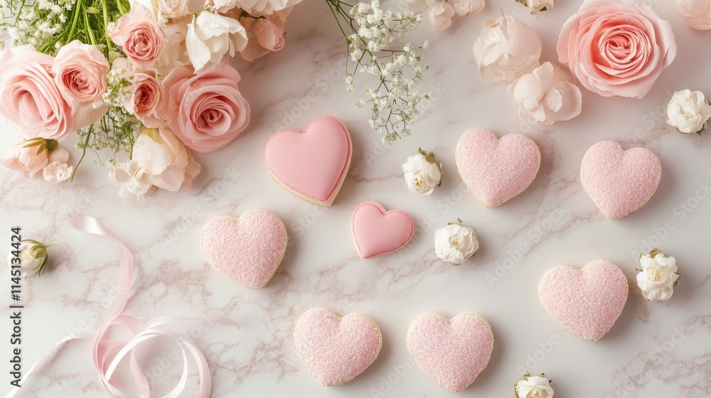 a table with pink and white cookies and flowers a table with pink and white cookies and flowers