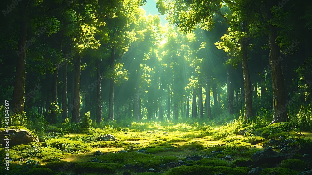 Sunbeams illuminate a path through a lush, green forest. Sunbeams illuminate a path through a lush, green forest.