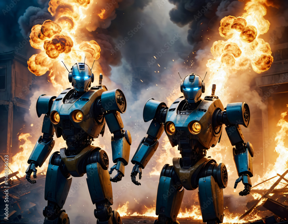 Fototapeta premium Fighting robots break through with battle through fire and smoke.
