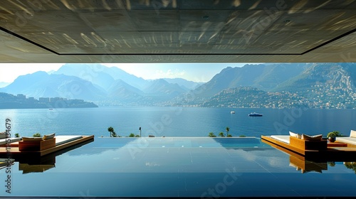 A serene view of a luxurious villa overlooking a tranquil lake and mountains.