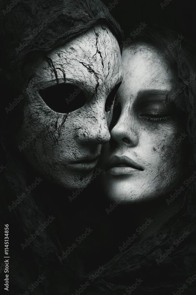 Fototapeta premium Cracked mask, weathered face, intimate monochrome portrait.