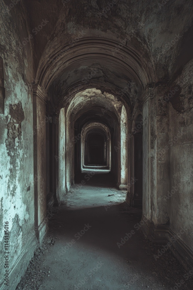 Decaying arched hallway, crumbling walls, dim light. Decaying arched hallway, crumbling walls, dim light.