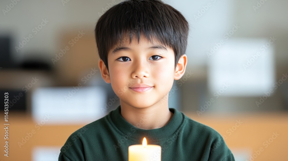 Candle-lit portrait of a young boy with a focused expression surrounded by a blurred classroom background evoking themes of mindfulness and introspection Candle-lit portrait of a young boy with a focused expression surrounded by a blurred classroom background evoking themes of mindfulness and introspection